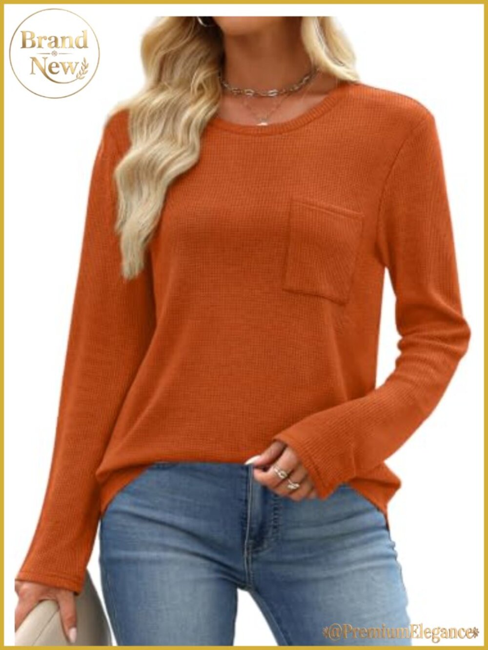 Waffle Knit Long Sleeve Blouse with Pocket Curved Hem Casual - Picture 4 of 6